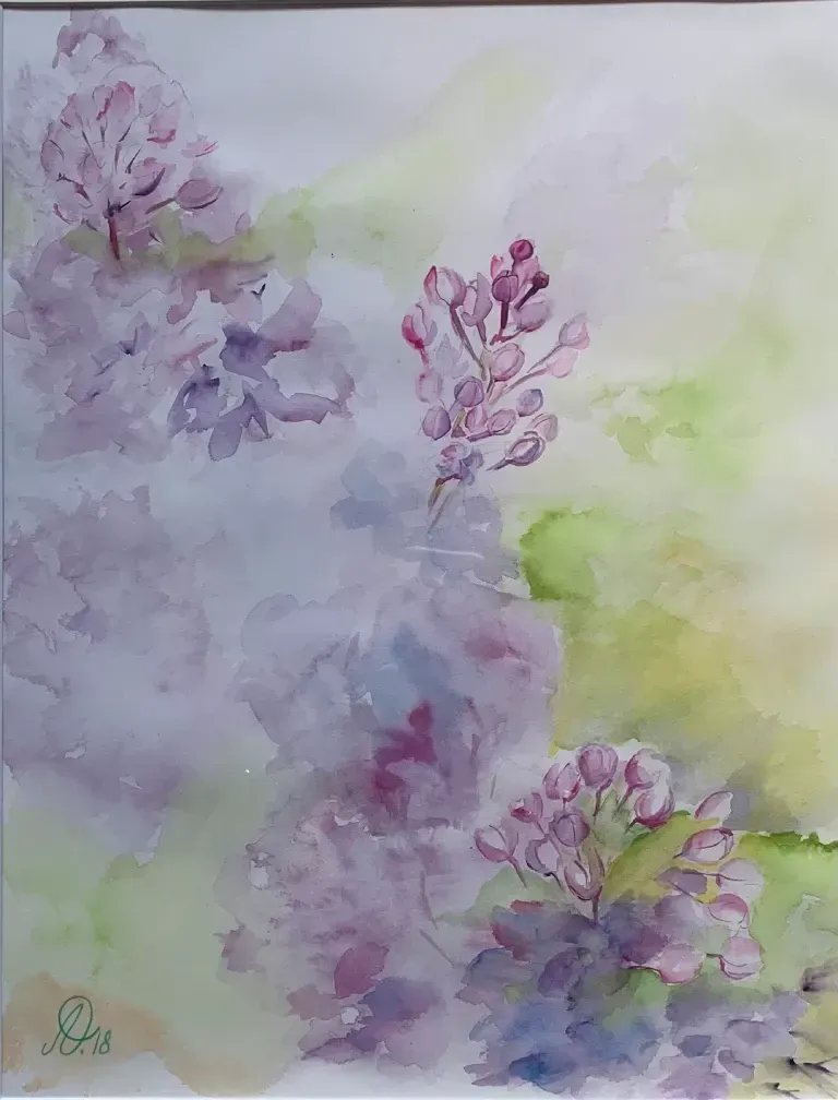 Una pintura de acuarela de flores violetas sobre un fondo blanco.