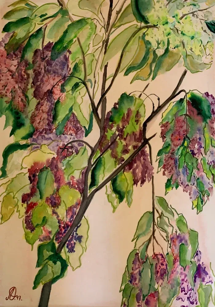 Una pintura de un árbol con flores moradas y hojas verdes.