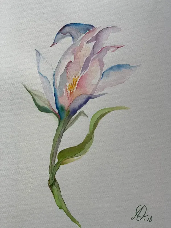 Una pintura de acuarela de una flor rosa con hojas verdes.