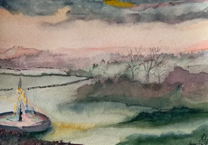 Una pintura de acuarela de un paisaje con un barco en la distancia.