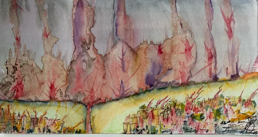 Una pintura de un grupo de personas de pie en un campo.