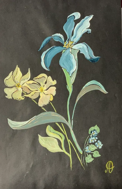 Una pintura de flores azules y amarillas sobre un fondo negro.