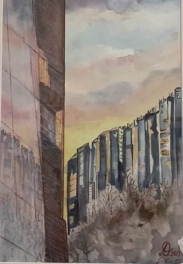 Una pintura de acuarela de un paisaje urbano con algunos edificios y árboles.