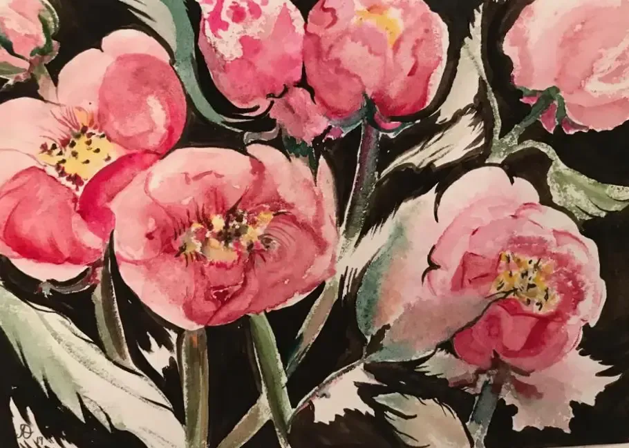 Una pintura de flores rosas sobre un fondo negro