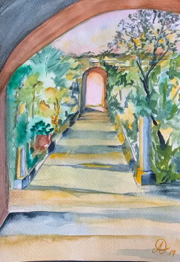 Una pintura de acuarela de un camino que conduce a un arco.