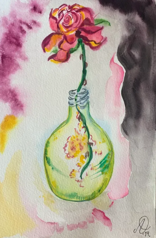 Una pintura de acuarela de una flor en un jarrón verde.