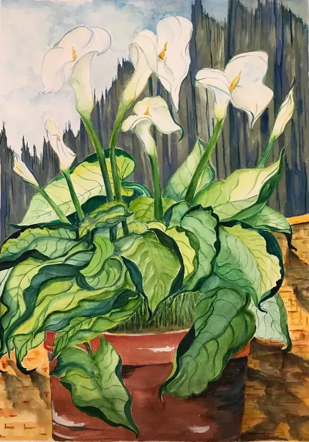 Una pintura de una planta en maceta con flores blancas y hojas verdes.