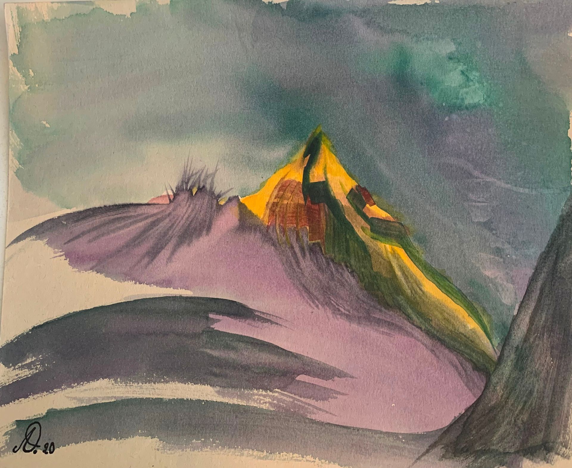 Una pintura de acuarela de una montaña con un cielo morado.