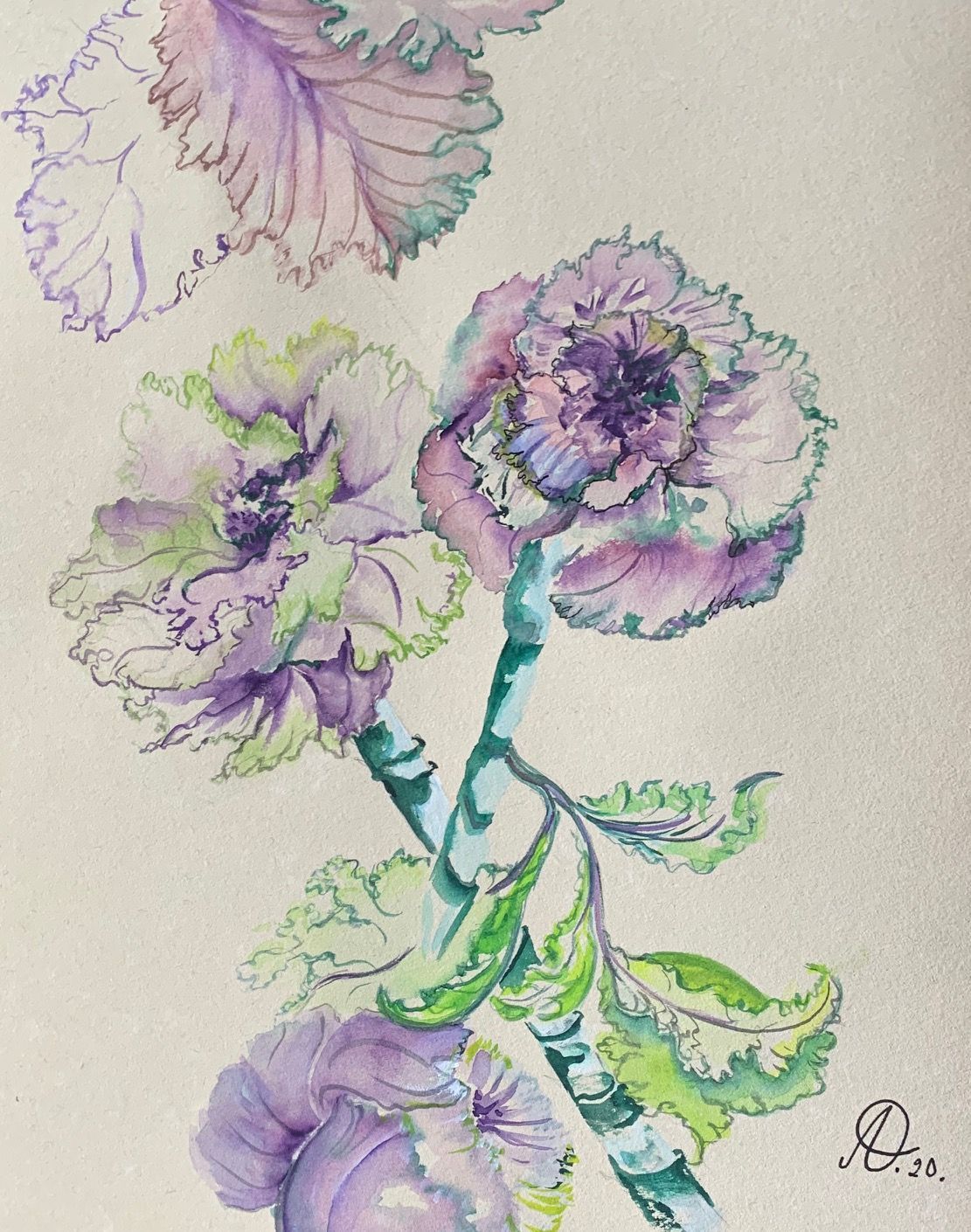 Una pintura de acuarela de flores moradas y hojas verdes.