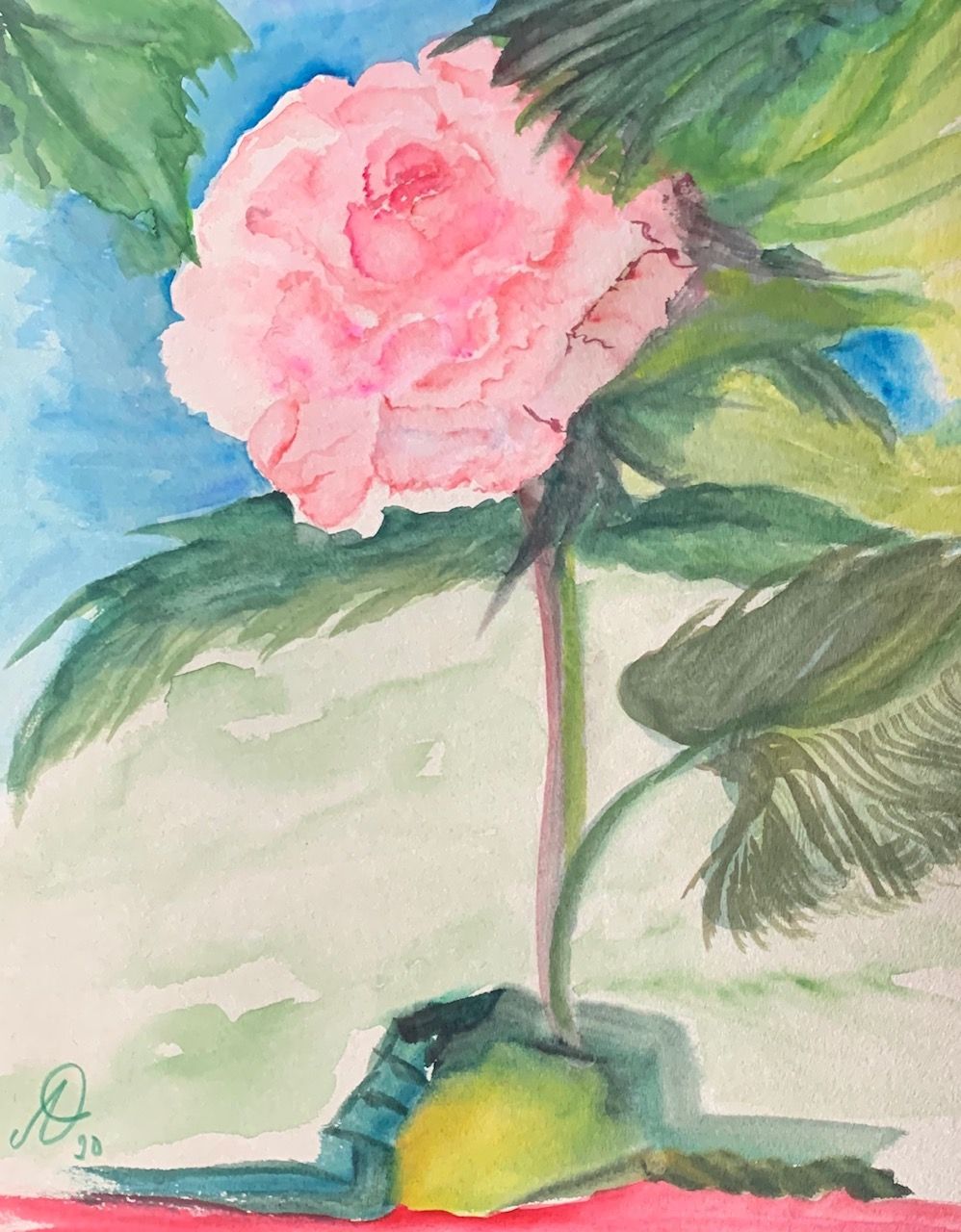 Una pintura de acuarela de una flor rosa con el nombre jb en la parte inferior.