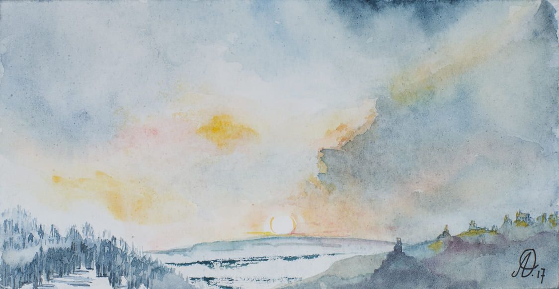 Es una pintura de acuarela de una puesta de sol sobre un lago.