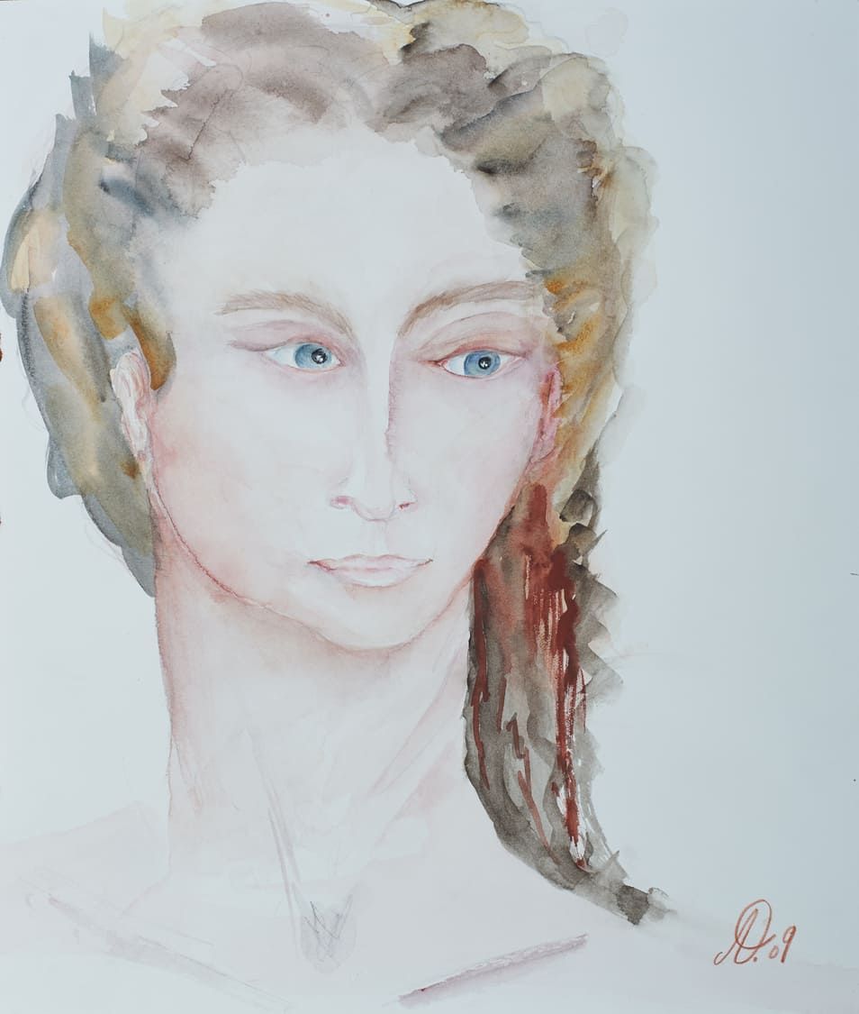 Una pintura de acuarela de una mujer con ojos azules.