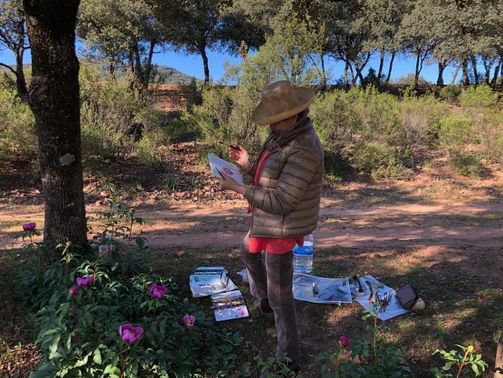 Una mujer con sombrero está parada en un campo mirando un libro.