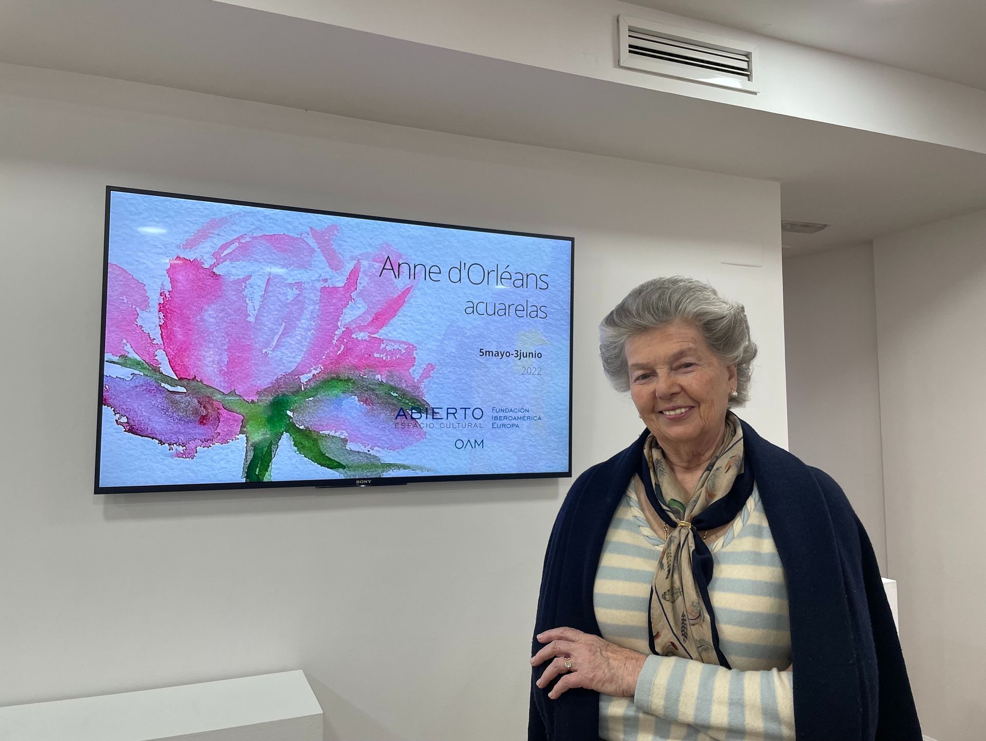 Una mujer está parada frente a un televisor con una flor rosa encima.