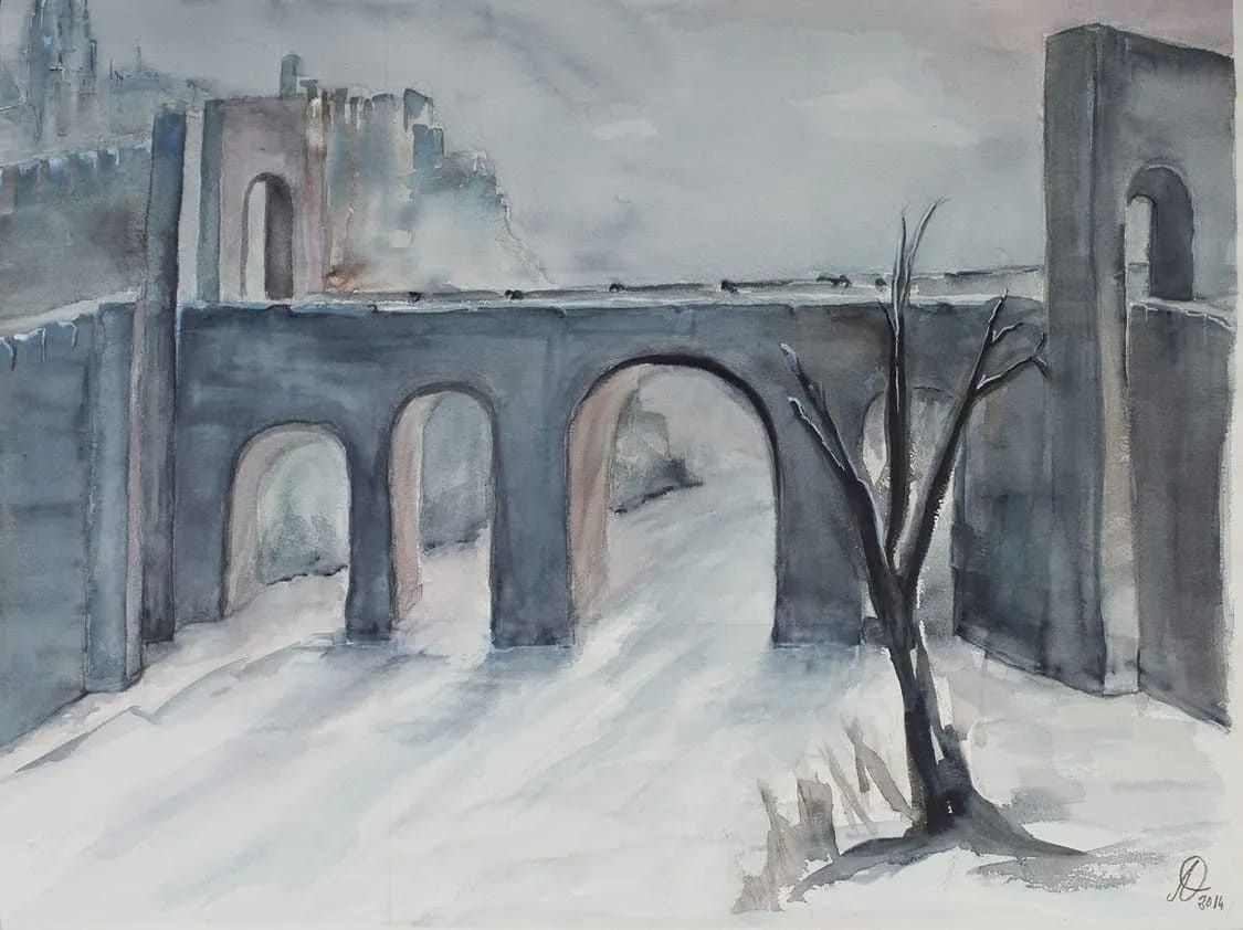Acuarela de un puente de piedra con arcos, árboles sin hojas y edificios grises de tonos apagados, en un paisaje nevado