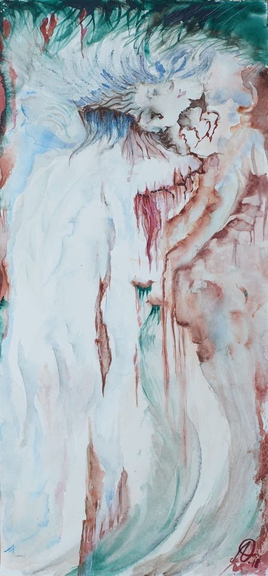 Pintura abstracta en tonos azul pálido, blanco y rosa, con formas verticales fluidas