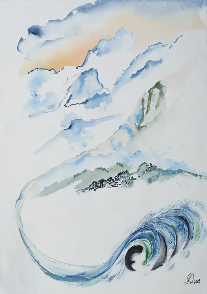 Una pintura de acuarela de una ola rompiendo en una playa.