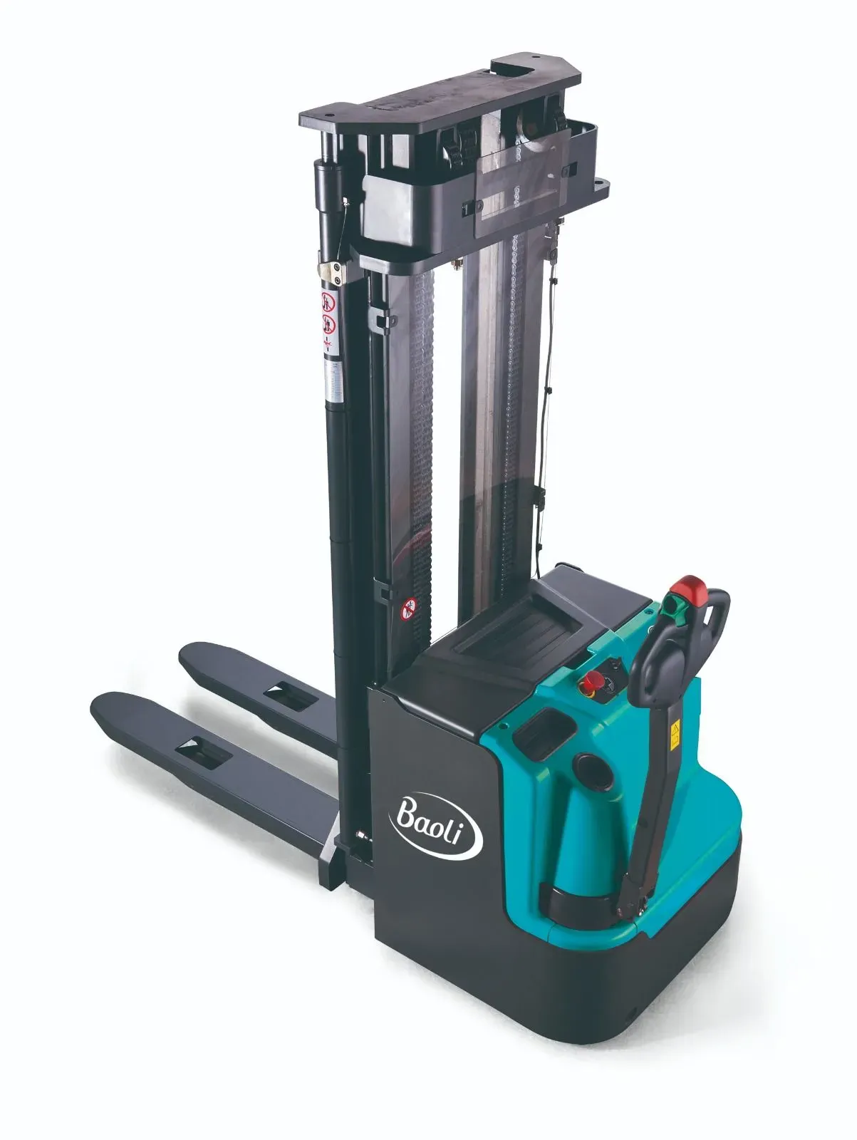 Una carretilla elevadora azul y negra está sentada sobre una superficie blanca.