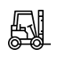 Un icono en blanco y negro de una carretilla elevadora sobre un fondo blanco.