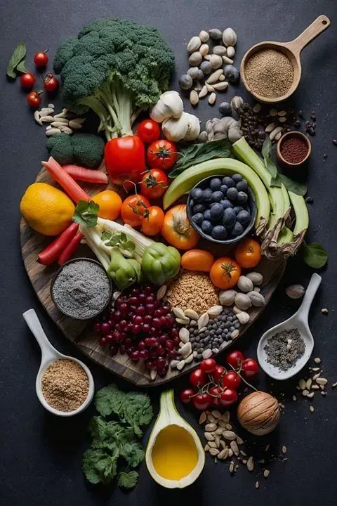 Hay muchos tipos diferentes de frutas y verduras en la mesa.