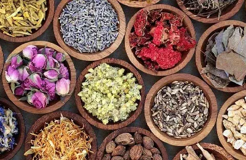 Una variedad de hierbas y flores secas en cuencos de madera sobre una mesa.