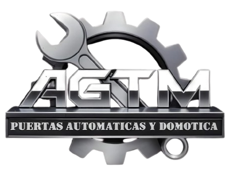 Logotipo para AGTM: llave inglesa y engranaje plateados sobre "AGTM" y texto "PUERTAS AUTOMATICAS Y DOMOTICA".