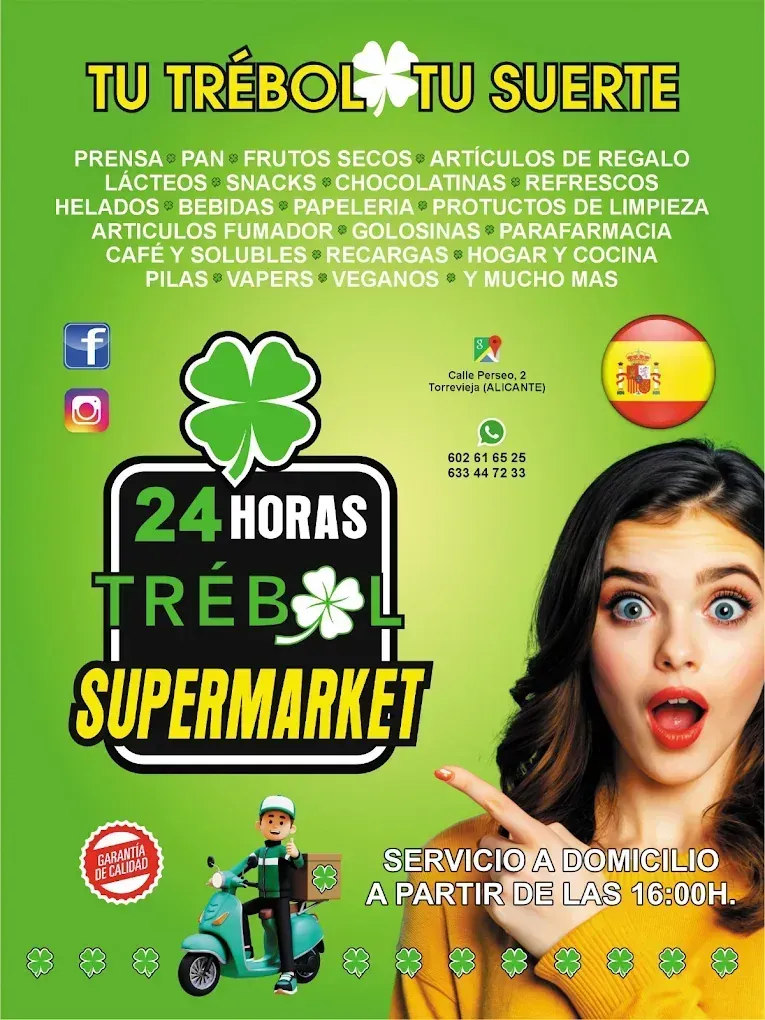 Anuncio verde de un supermercado abierto las 24 horas. Mujer señalando