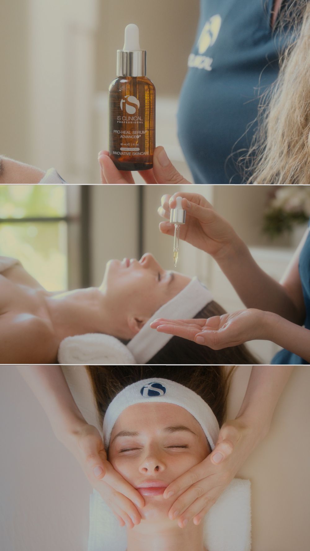 Eine professionelle Gesichtsbehandlungssequenz, die eine Produktflasche, das Auftragen von Tropfen auf die Haut und die Massage des Gesichts eines Kunden zeigt.