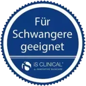 Blaues rundes Siegel mit gezacktem Rand und der Aufschrift „Für Schwangere geeignet“ sowie dem iS CLINICAL Markenlogo.