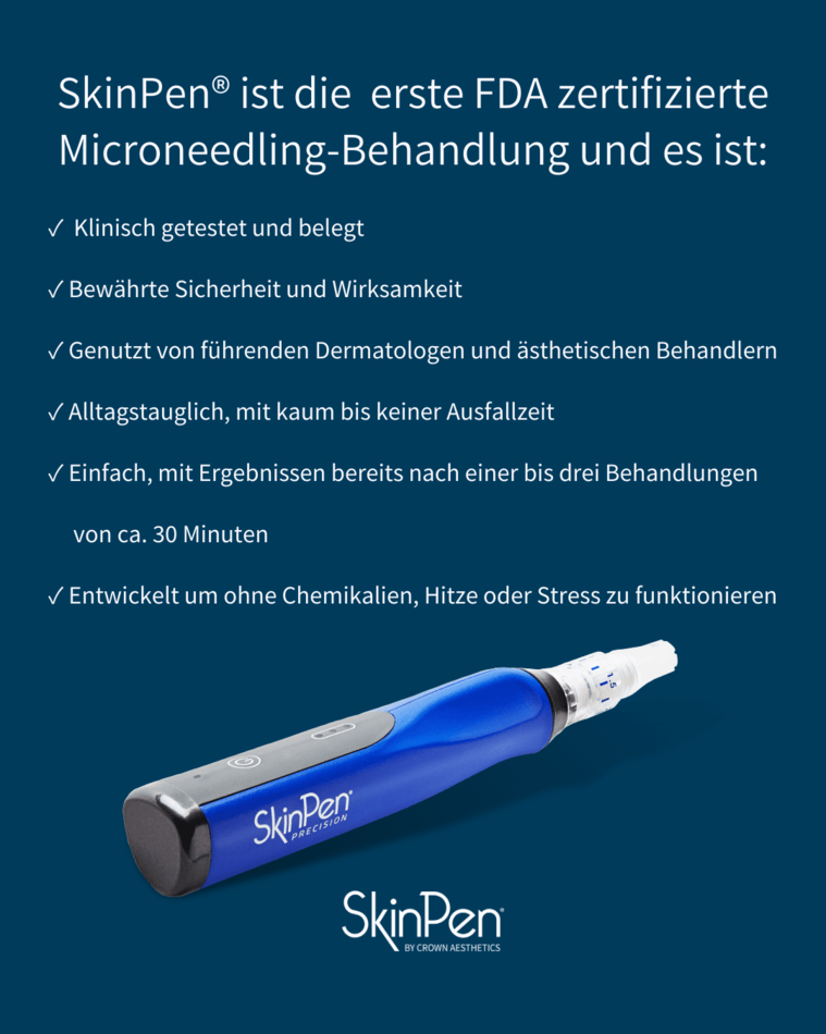 Eine Anzeige für SkinPen hebt folgende Vorteile hervor: FDA-zertifiziert, klinisch sicher, schnell und chemikalienfrei.