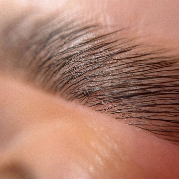 Nahaufnahme einer Augenbraue mit ordentlich gestylten, dunklen Haaren auf heller Haut.