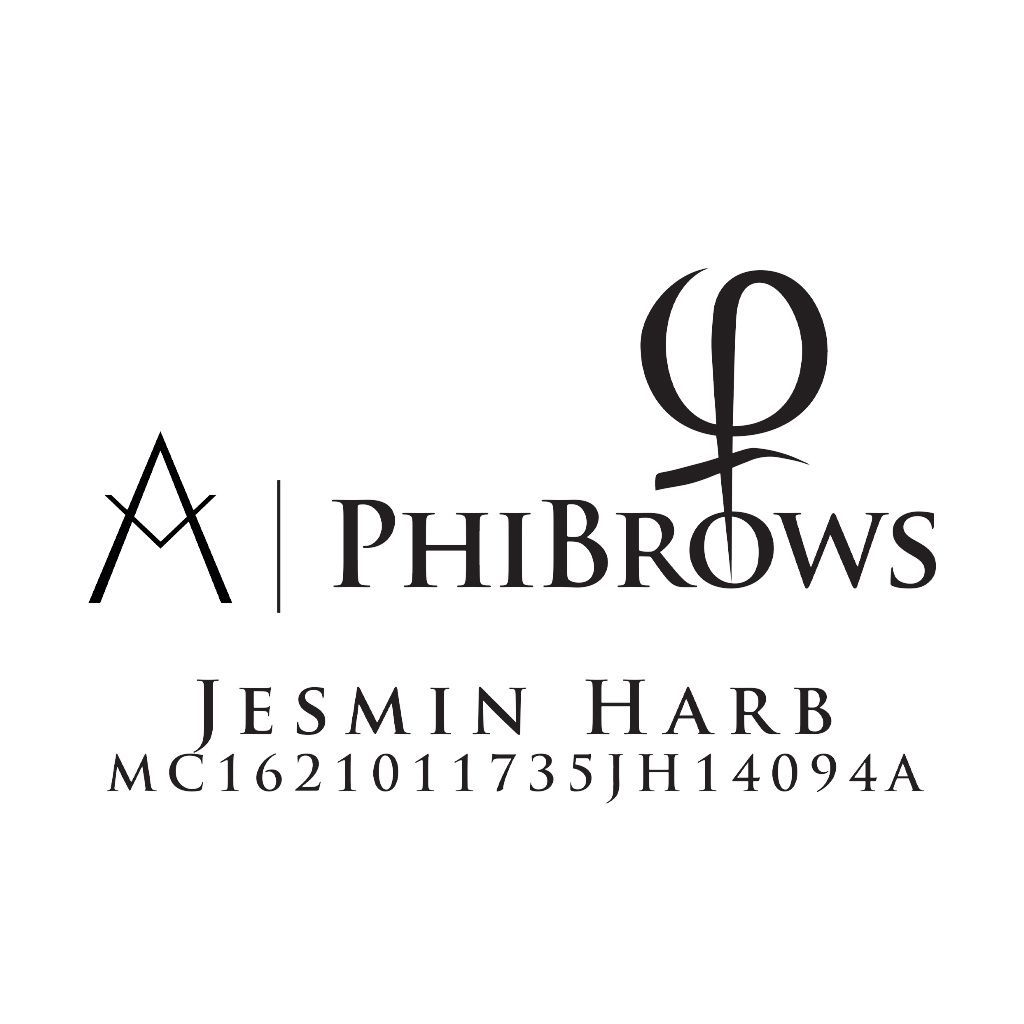 Das Phibrows-Logo mit dem Namen Jesmin Harb und einem Referenzcode, dargestellt in Schwarz auf weißem Hintergrund.
