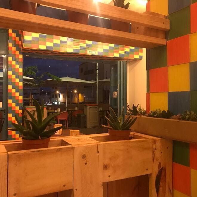 Un espacio interior cálido y colorido con bancos de madera, plantas en macetas y vistas a la noche exterior.
