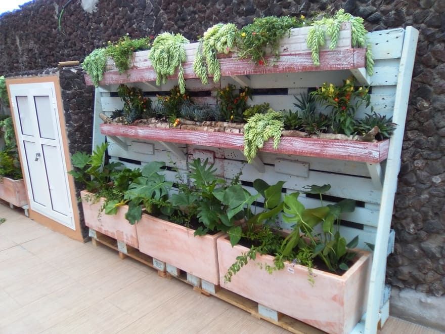 Macetero de madera montado en la pared con plantas verdes y flores, situado junto a una puerta en un patio.