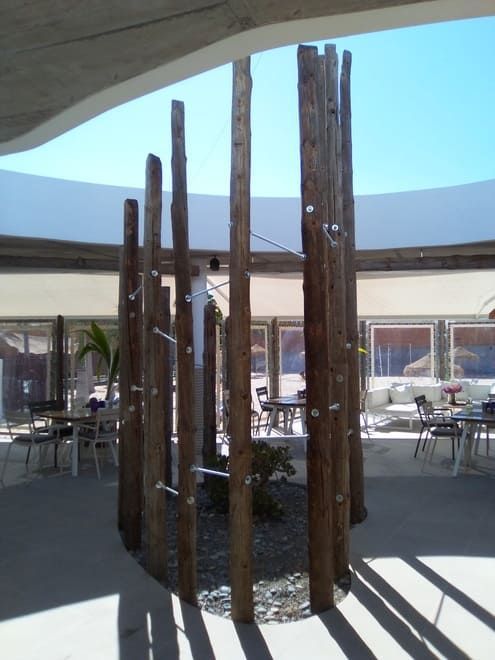 Altos postes de madera rodean un pequeño jardín interior bajo un toldo luminoso y abierto en un patio moderno.