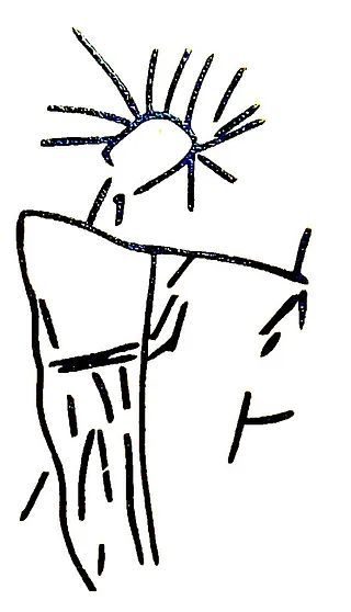 Dibujo sencillo en negro de una persona con el pelo puntiagudo, vestida con una t&uacute;nica o vestido largo y con un brazo levantado.