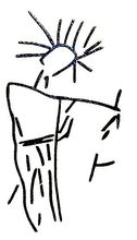 Dibujo sencillo en negro de una persona con el pelo puntiagudo, vestida con una t&uacute;nica o vestido largo y con un brazo levantado.