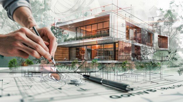 Plan en 3D d'une maison avec une main qui dessine