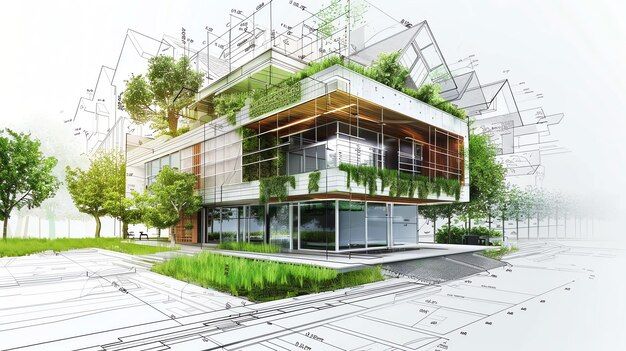 Un plan en 3D d'une maison avec verdure