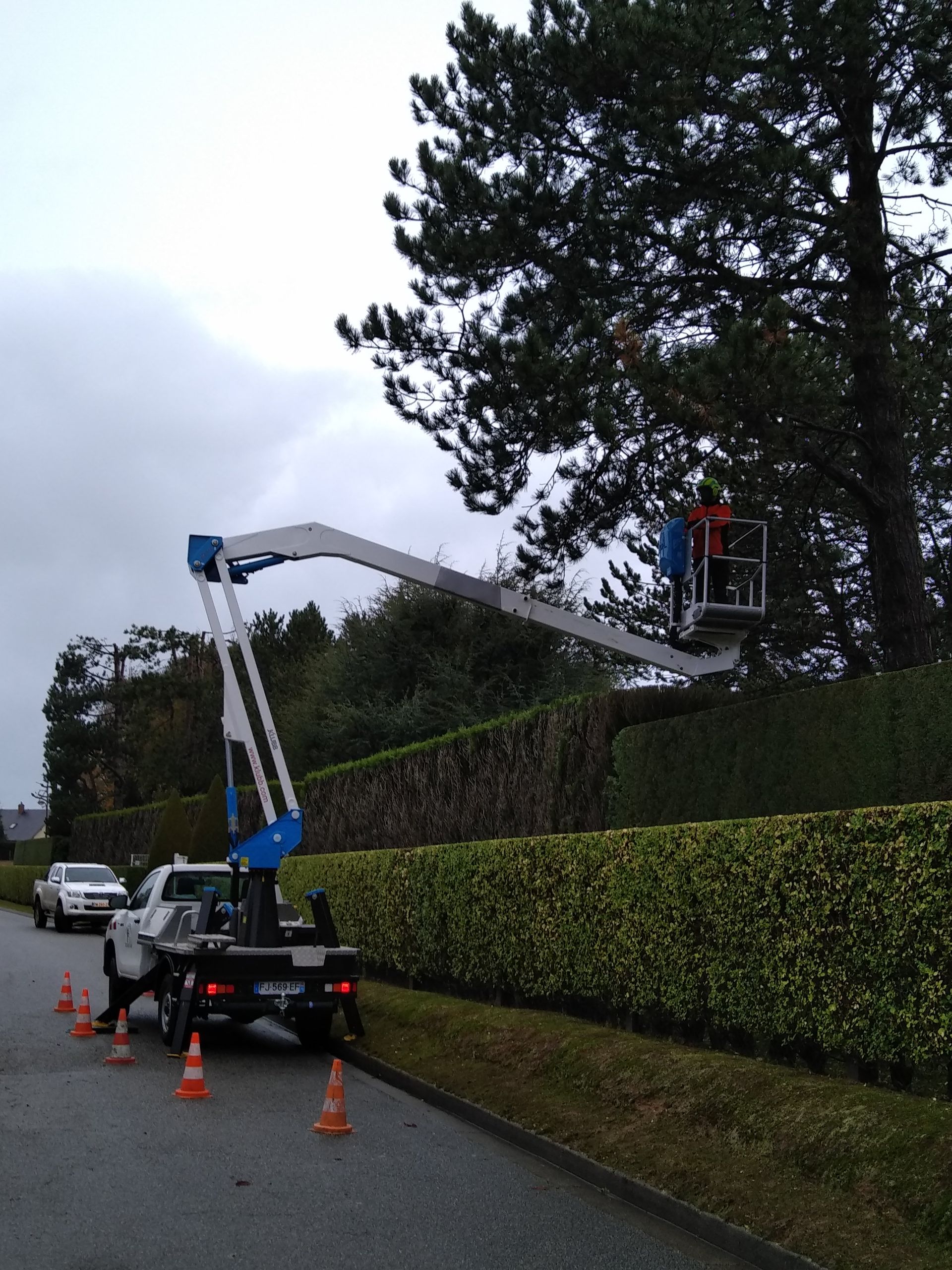 Photo d'un camion bleu et blanc avec nacelle devant une haie