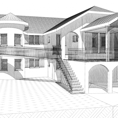 Eine Schwarzweißzeichnung eines großen Hauses mit einer Treppe, die hinaufführt.