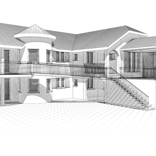 Eine Schwarzweißzeichnung eines großen Hauses mit einer Treppe, die hinaufführt.