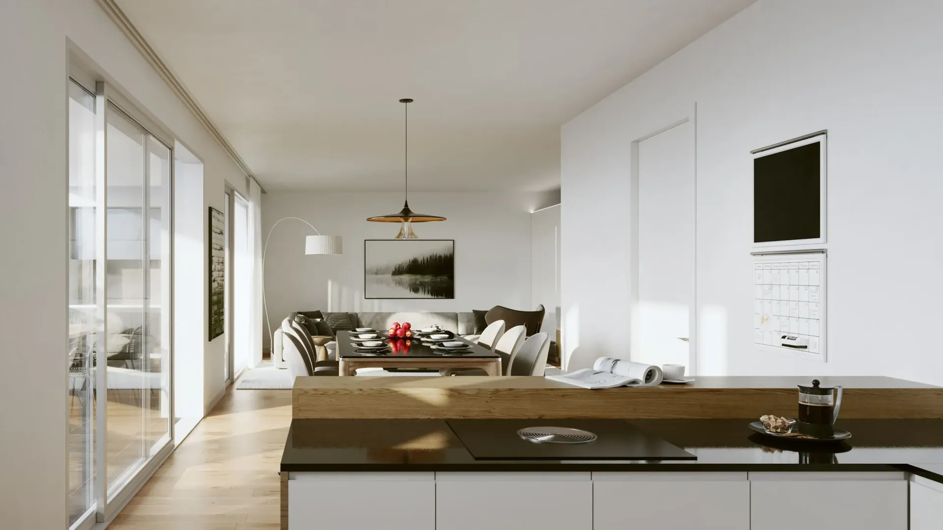 Eine künstlerische Darstellung eines Wohnzimmers und einer Küche in einem Haus.