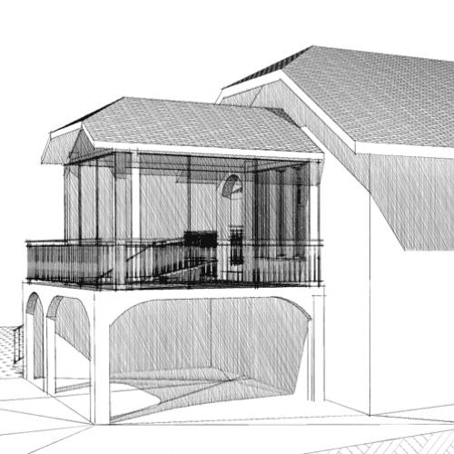 Eine Schwarzweißzeichnung eines Hauses mit Balkon.