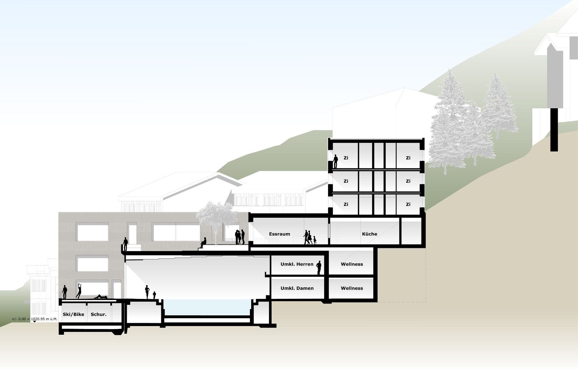 Eine Schwarz-Weiß-Zeichnung eines Gebäudes mit vielen Fenstern