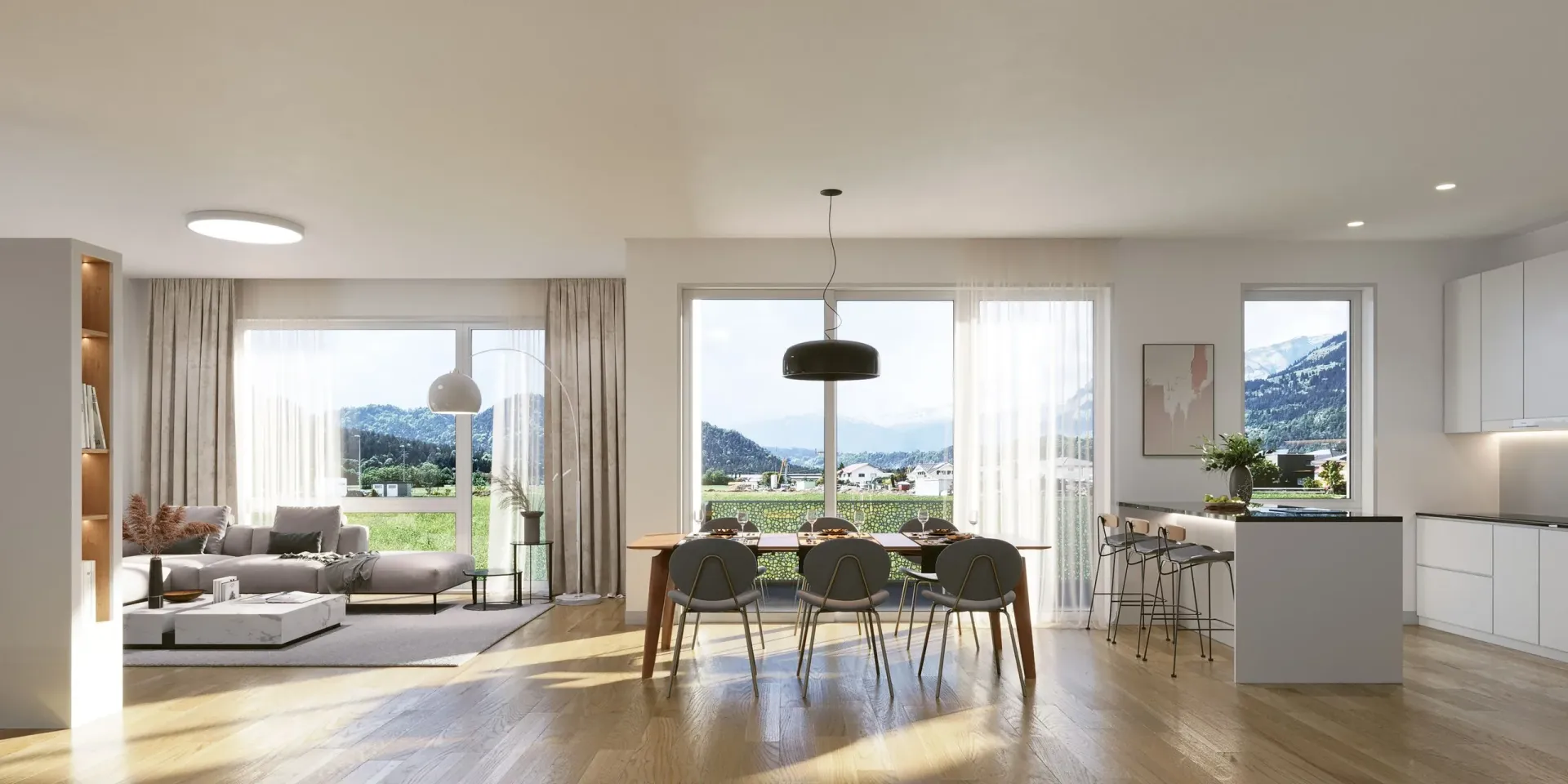 Eine künstlerische Darstellung eines Wohnzimmers und Esszimmers in einem Haus.