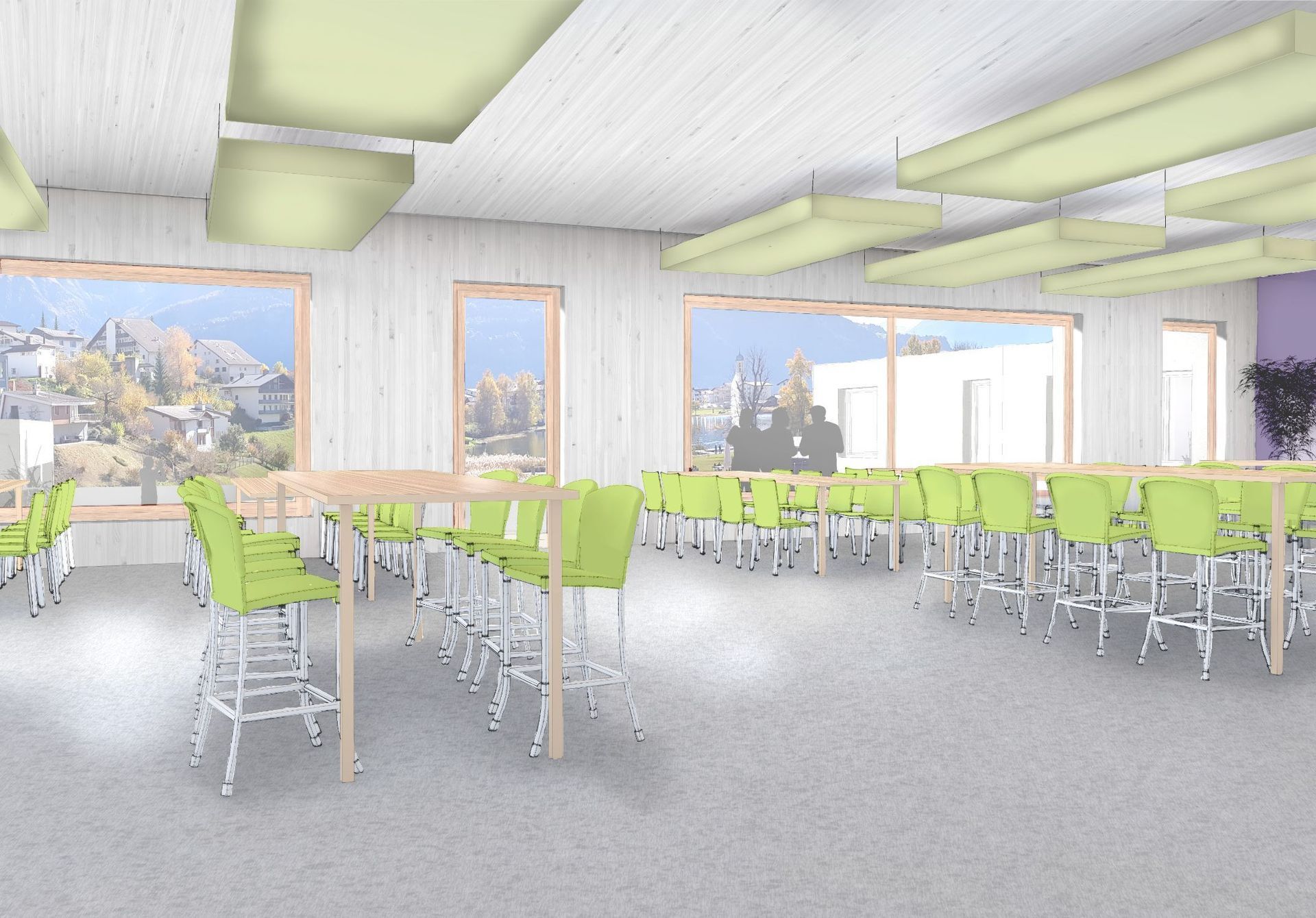 Eine künstlerische Darstellung eines Esszimmers mit grünen Stühlen und Tischen