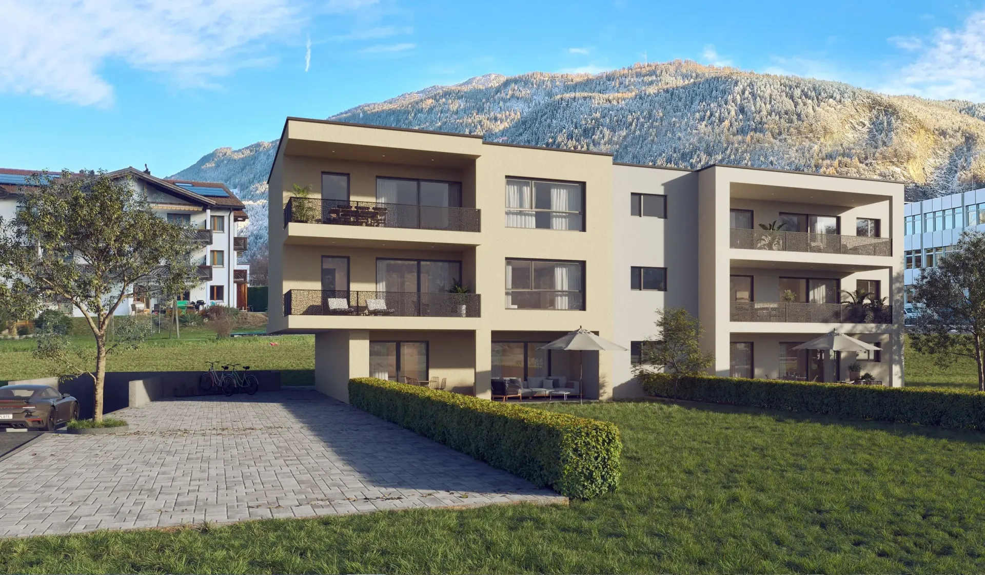 Eine künstlerische Darstellung eines Gebäudes mit einem Berg im Hintergrund.