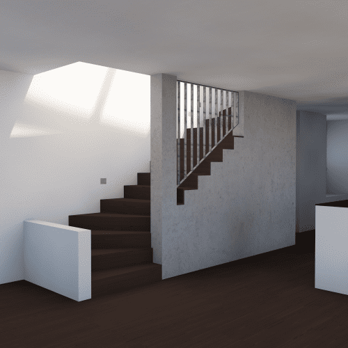 Eine Treppe in einem Raum mit einer weißen Wand