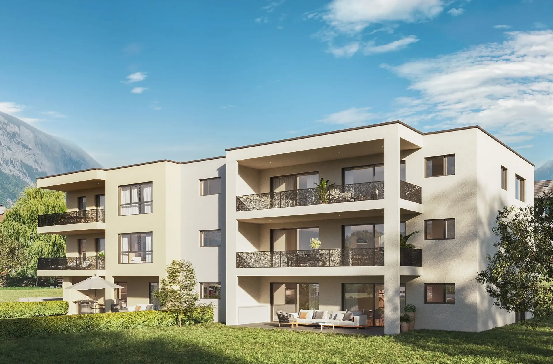 Eine künstlerische Darstellung eines Gebäudes mit Balkonen und Bergen im Hintergrund.